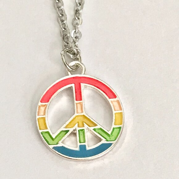 Peace Sign Pendant Choker Necklace Stainless Steel 18" Rainbow Hippie LGBT Retro - Picture 3 of 7